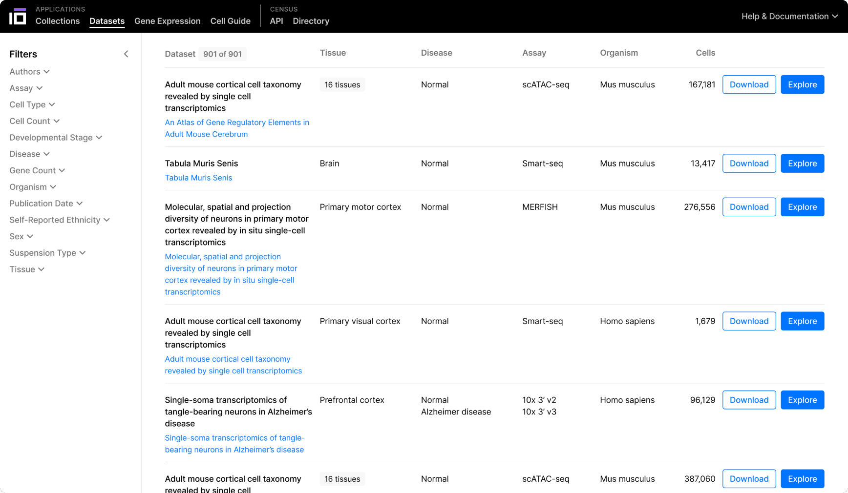 cellxgene datasets page showing list of datasets with sidebar that contains optional filters